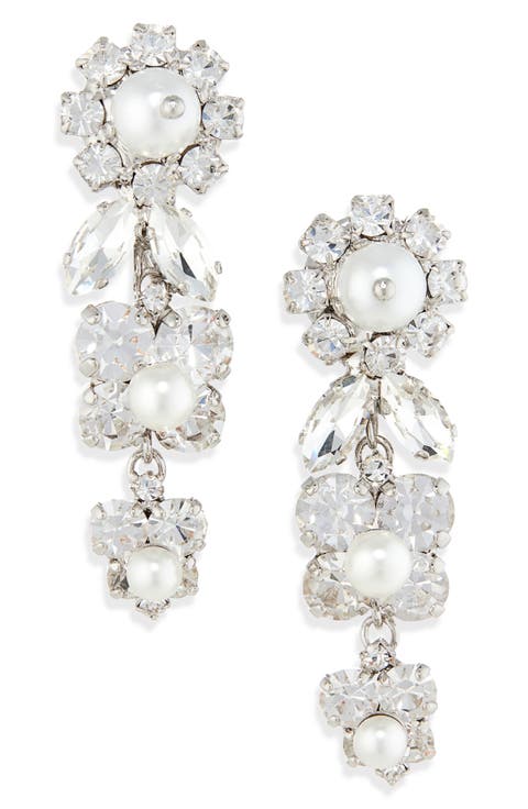 Daisy Cluster Crystal & Faux Pearl Drop Earrings