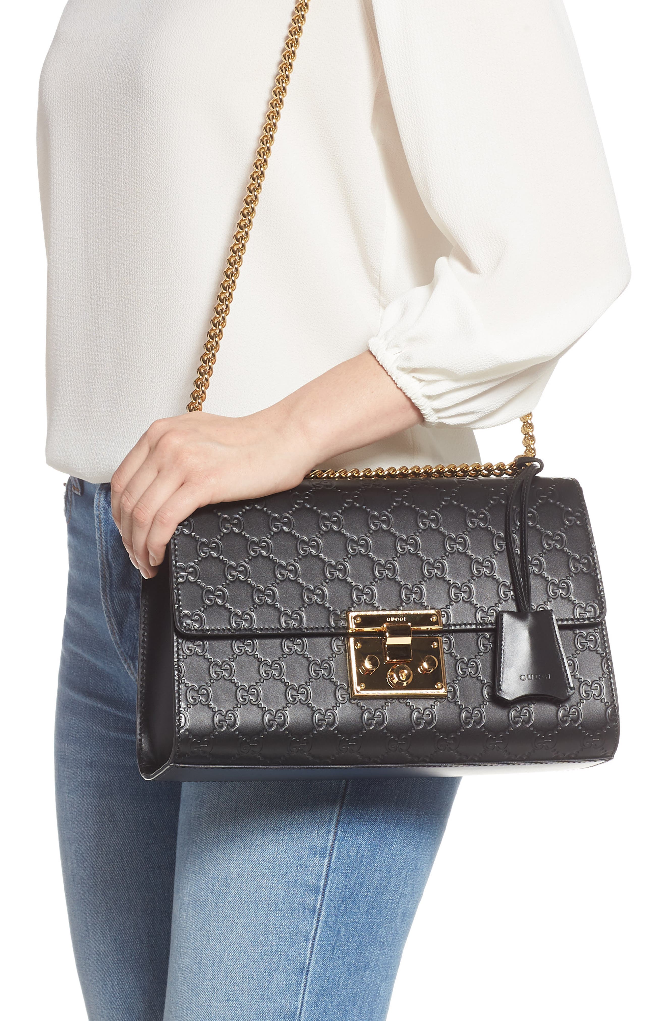 Medium Padlock Signature Leather Shoulder Bag, Alternate, color, NERO