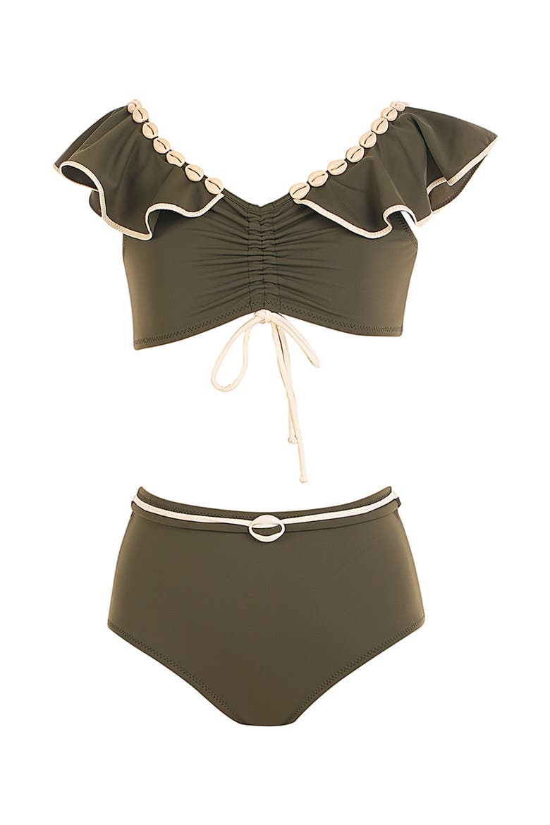 Shell-Embellished Drawstring Front Two-Piece Bikini, Main, color, Green