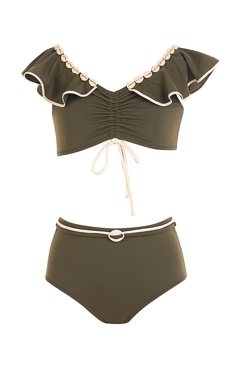 NESSI BYRD Shell-Embellished Drawstring Front Two-Piece Bikini, Main, color, Green