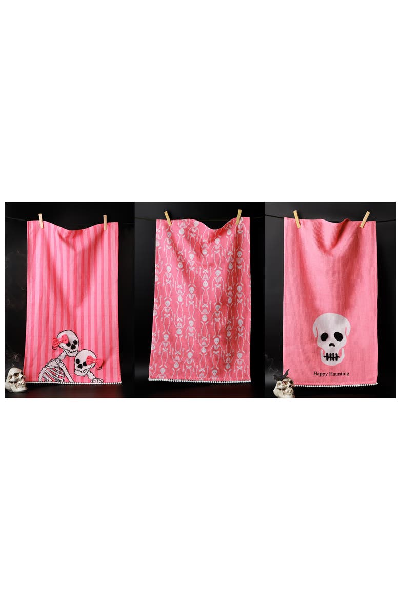 The Pink & Spooky Set of 3 Artisan Kitchen Tea Towels, Alternate, color, PINK