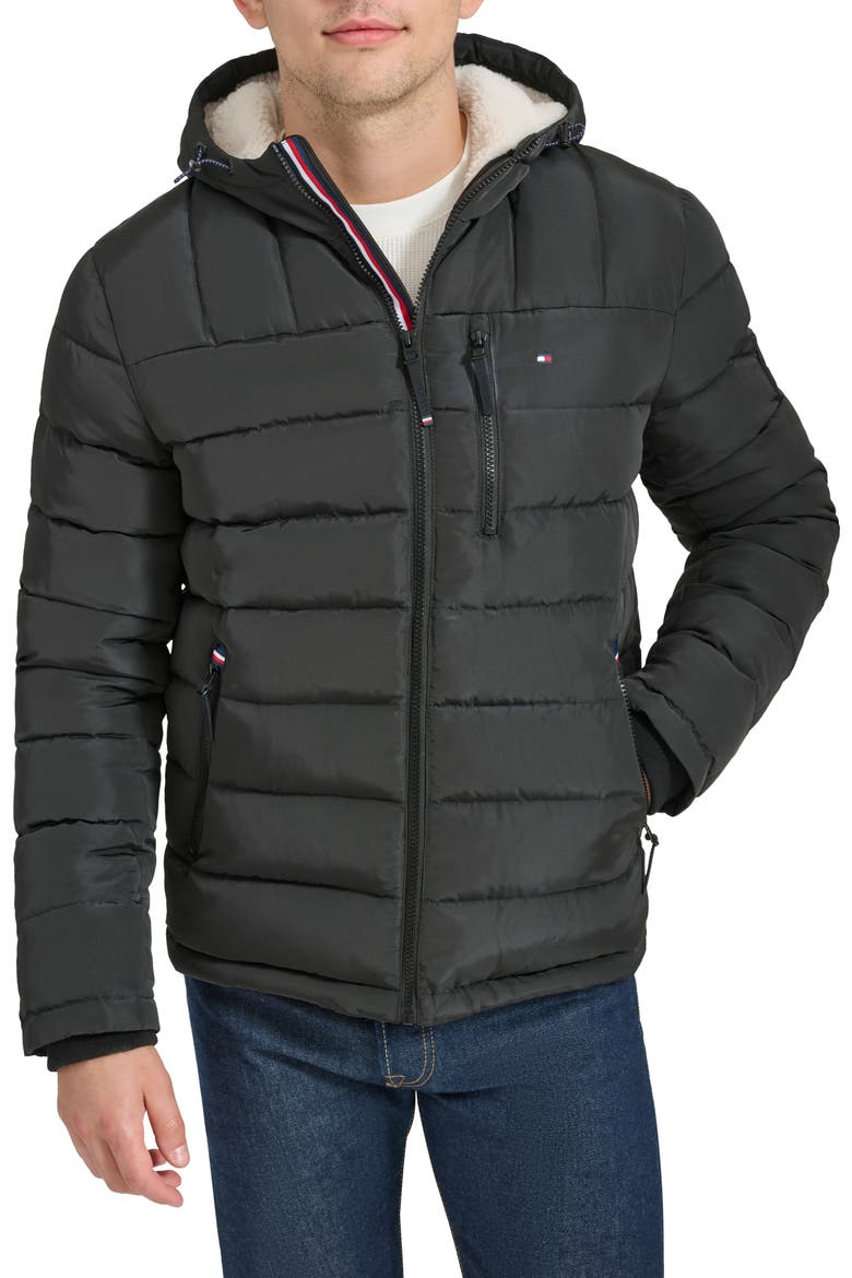 Fleece Lined Hooded Puffer Jacket, Main, color, BLACK