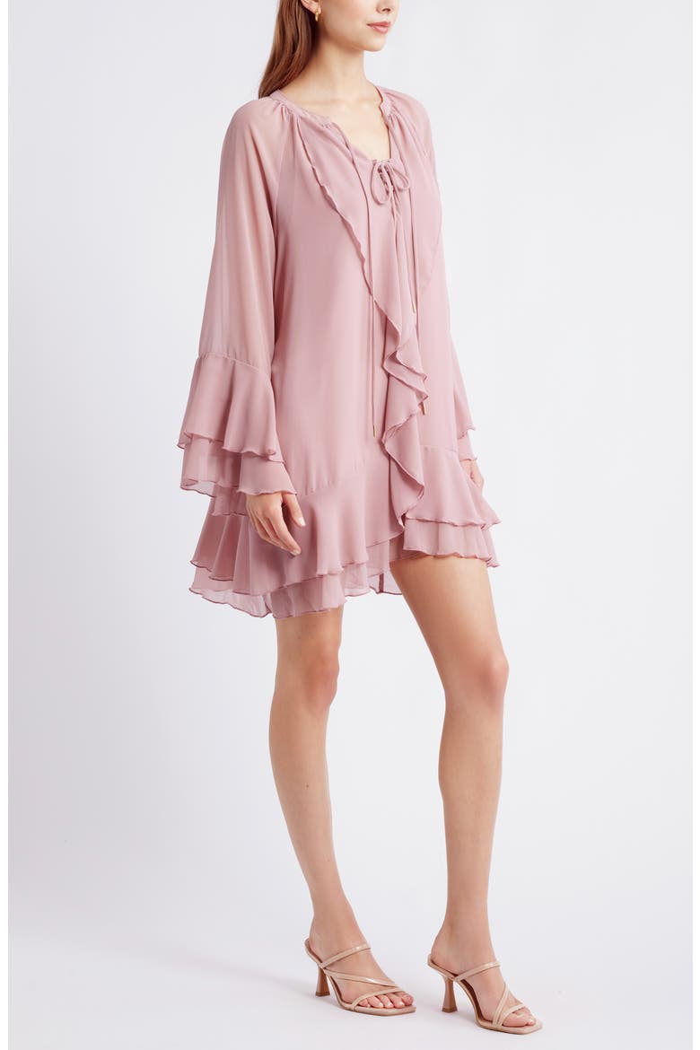 Ruffle Long Sleeve Chiffon Dress, Alternate, color, PINK TIMBER
