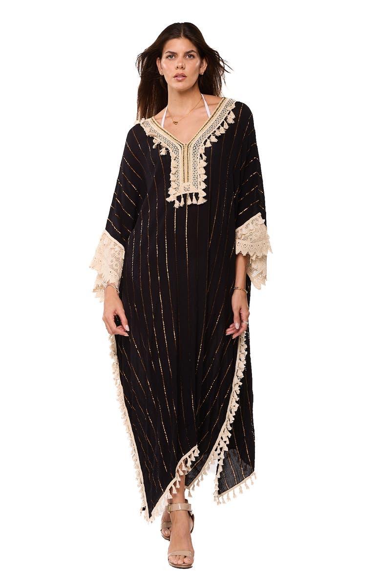 RANEES Tassel Embroidered Caftan, Alternate, color, Black