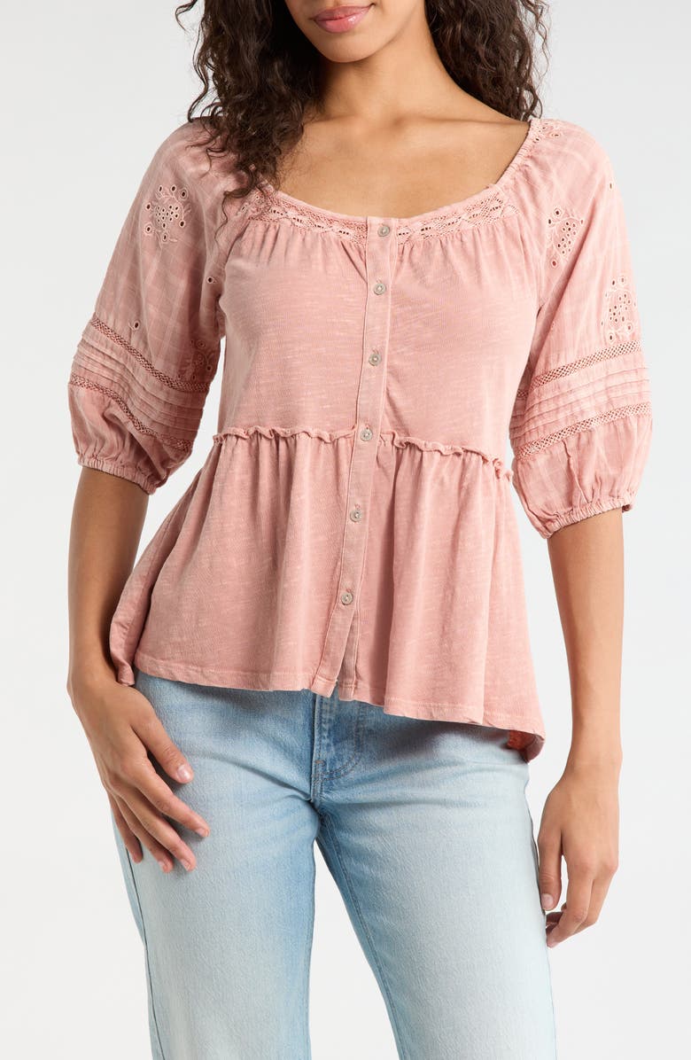 Lucky Brand Jersey Babydoll Top, Main, color, Peach Beige
