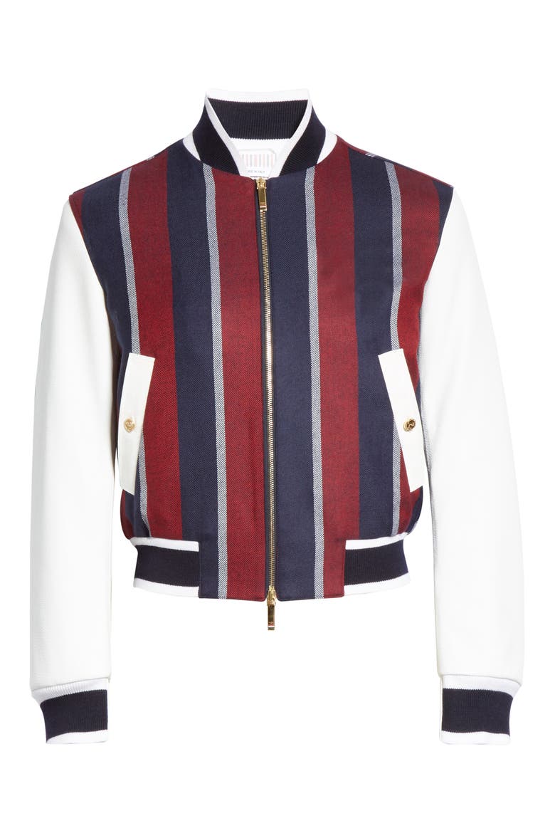 Stripe Wool & Deerskin Leather Bomber Jacket (Nordstrom Exclusive), Main, color, Red/White/Blue