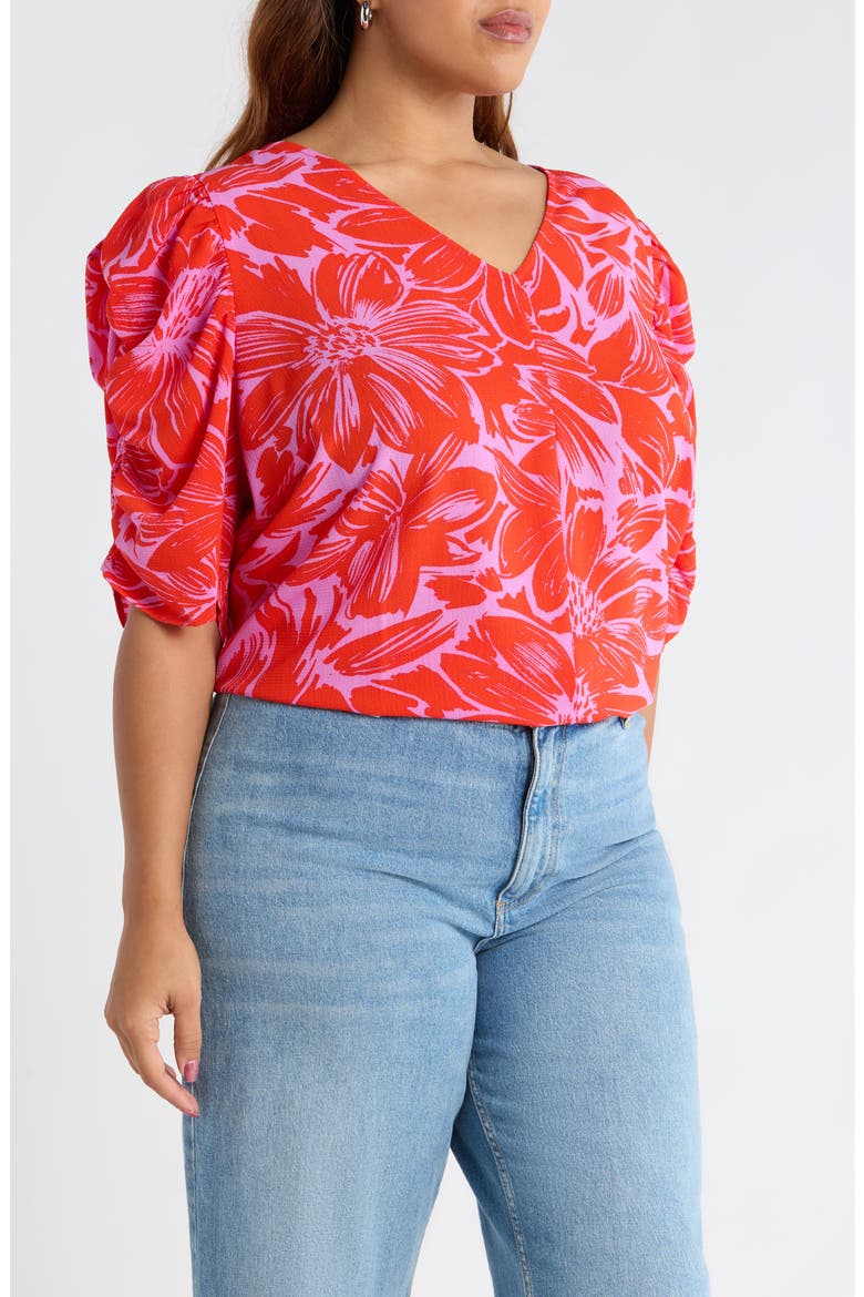 Rania Floral Chancellor Ruched Sleeve Top, Alternate, color, PINK RED MULTI