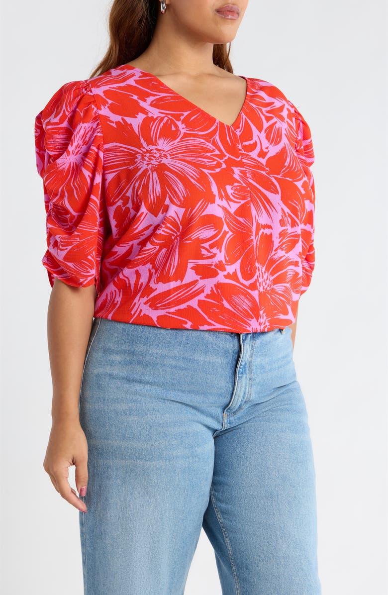 SUGARLIPS Rania Floral Chancellor Ruched Sleeve Top, Alternate, color, Pink Red Multi