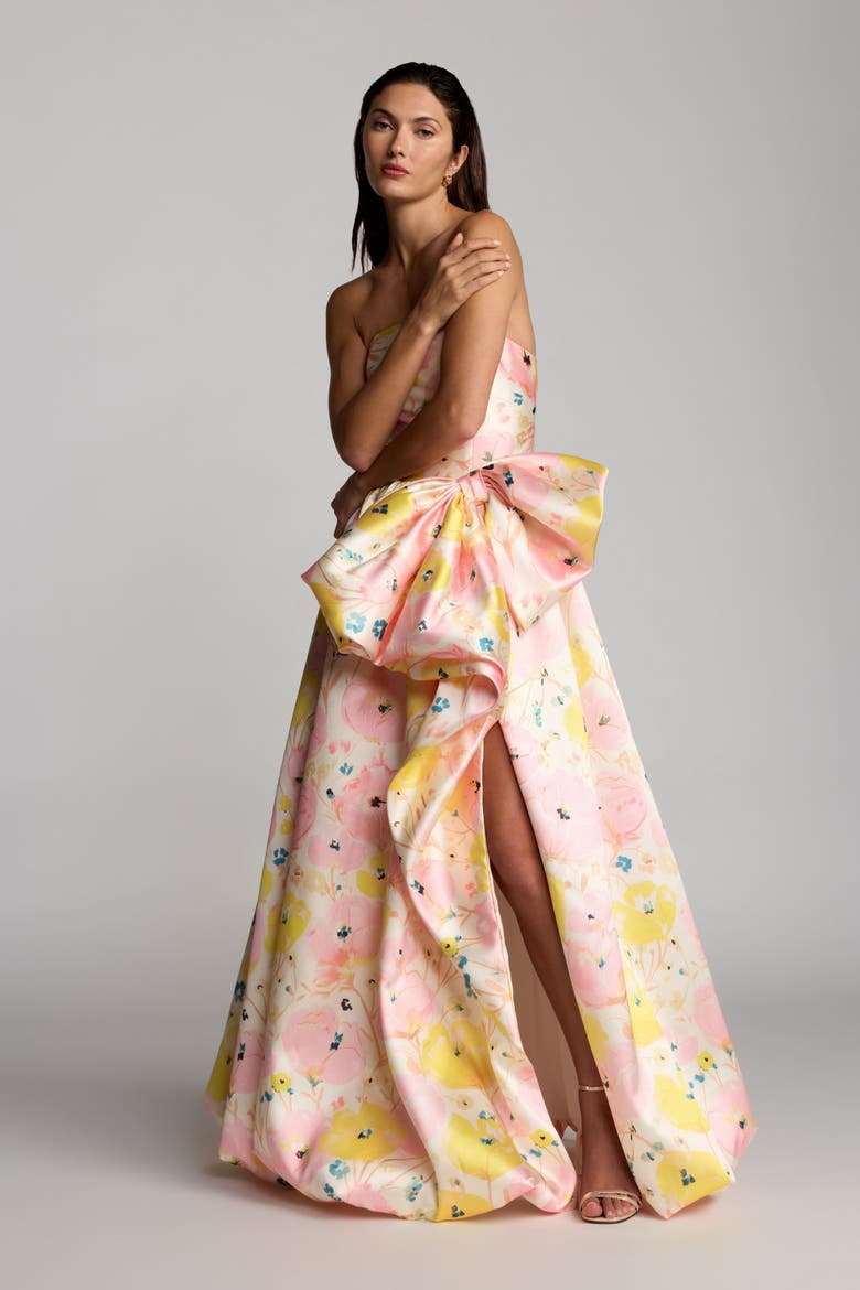 Mikado Strapless Bubble Hem Ballgown With Bow, Alternate, color, Pink Multi