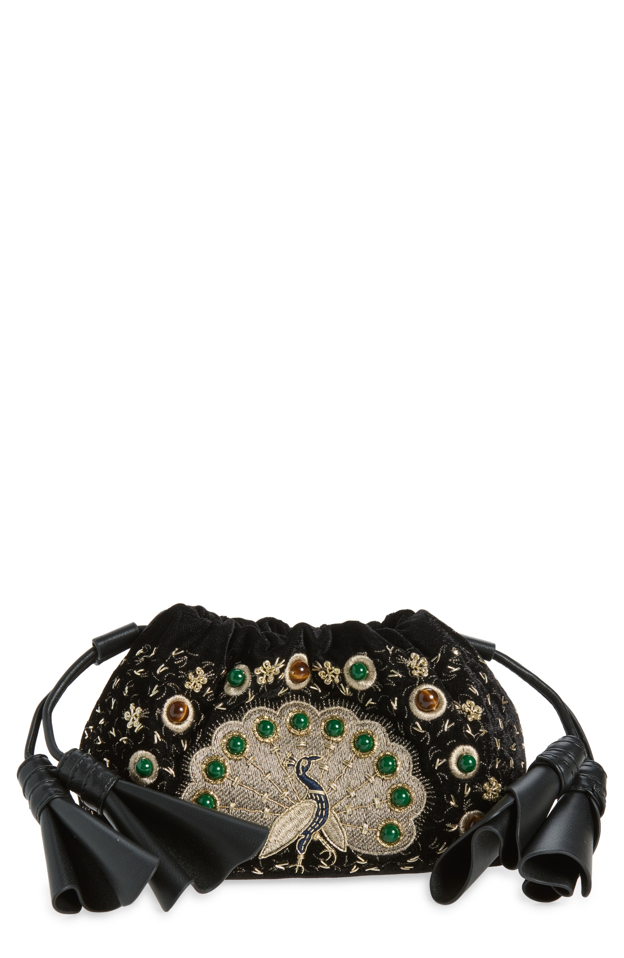 Small Cloud 91 Embroidered Peacock Clutch, Main, color, BLACK TONES