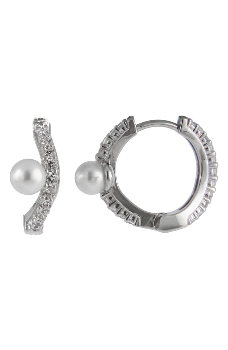 SPLENDID PEARLS Rhodium Plated Sterling Silver CZ 7-8mm Freshwater Pearl Huggie Hoop Earrings, Main, color, 