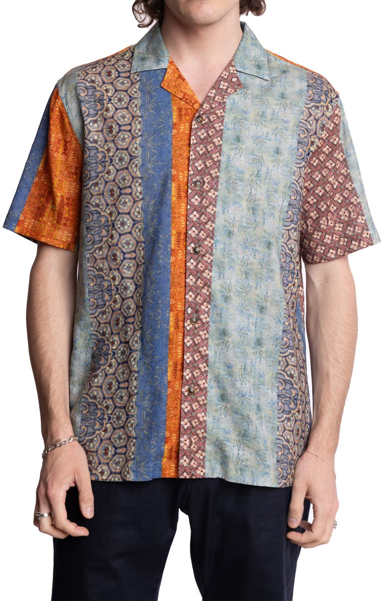 PAISLEY & GRAY Abstract Print Camp Shirt, Main, color, Orange Blue Multi Stripe