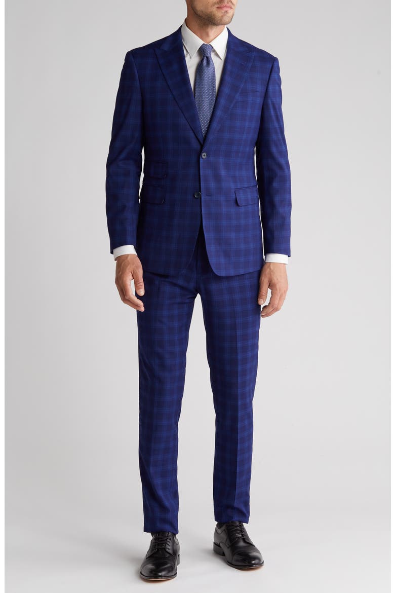 Trim Fit Plaid Suit, Main, color, BLUE
