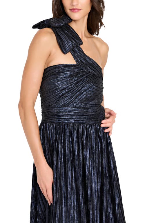 Tahari Asl One-shoulder Crinkle Evening Gown In Blue