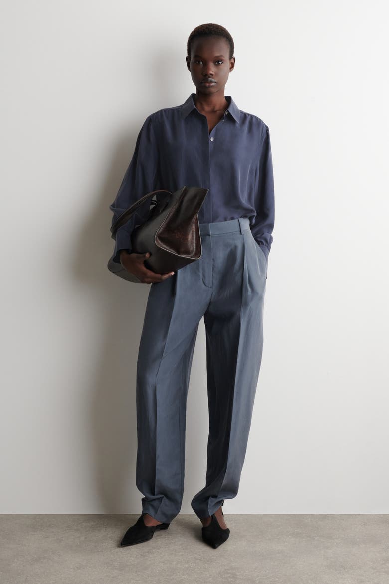 Gathered Crinkled-silk Shirt, Alternate, color, NAVY