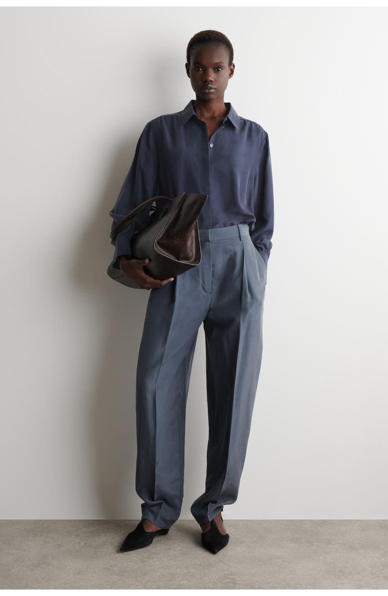 COS Gathered Crinkled-silk Shirt, Alternate, color, Navy
