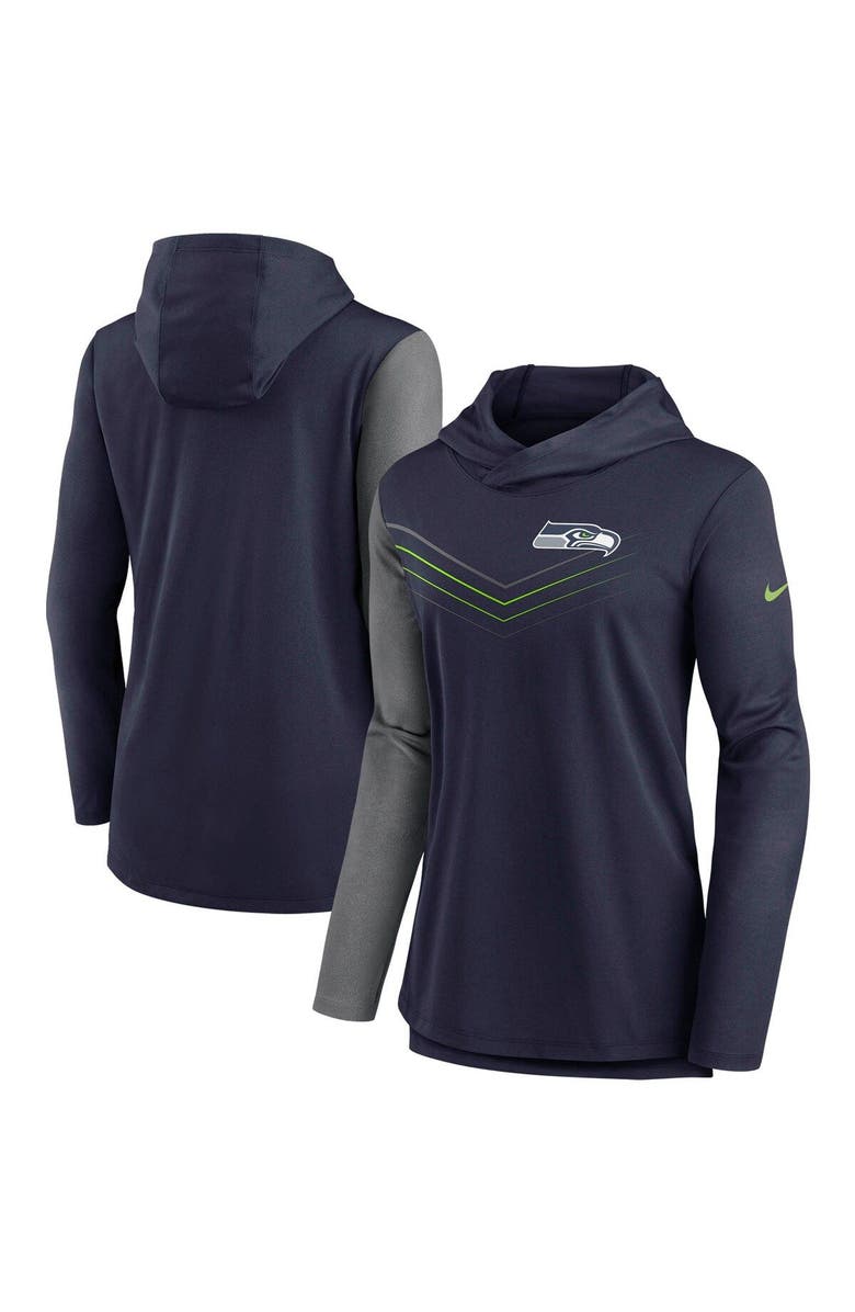 Nike Women's Nike College Navy/Heathered Charcoal Seattle Seahawks Chevron Hoodie Performance Long Sleeve T-Shirt, Main, color, 
