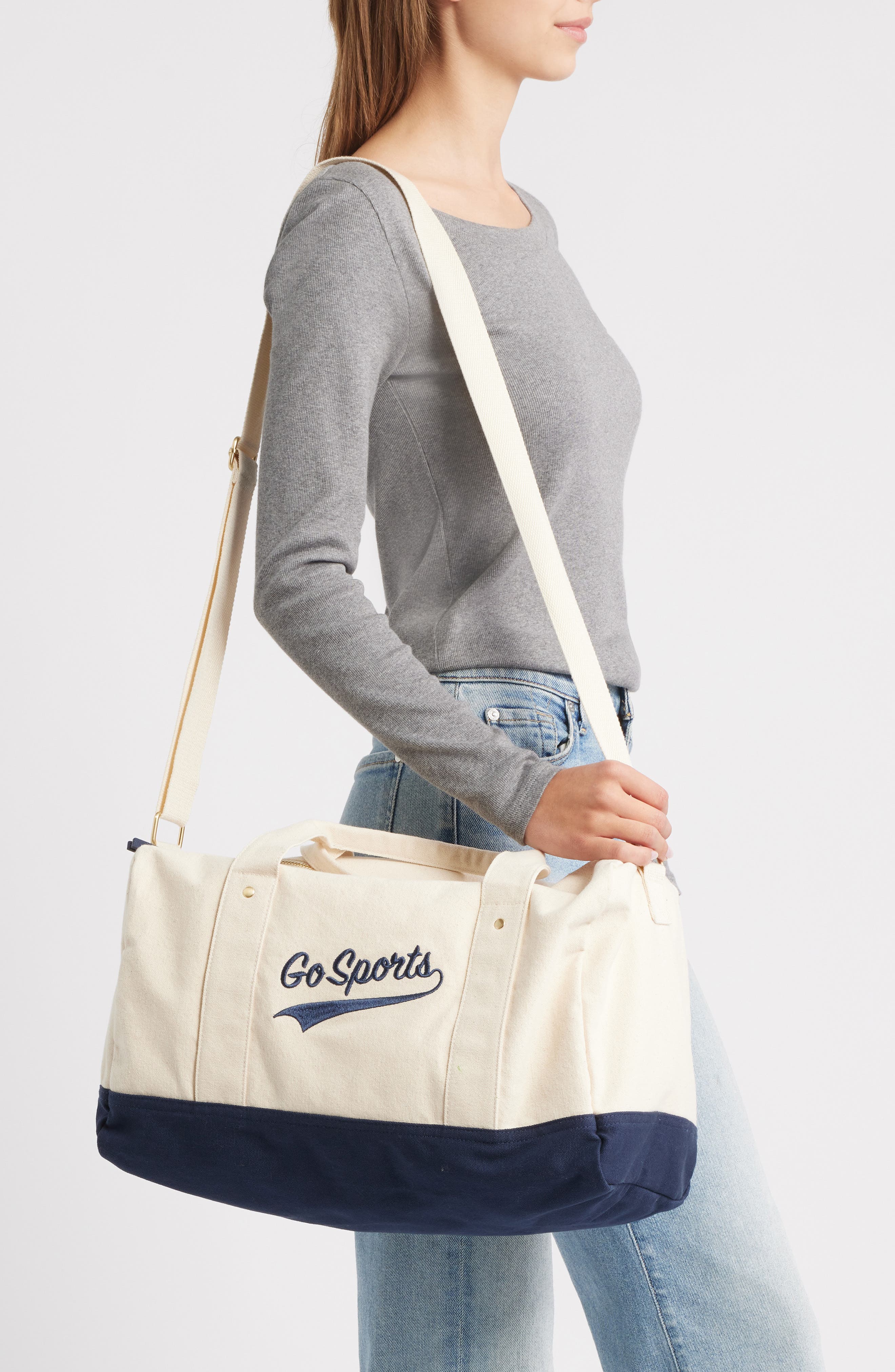 Favorite Daughter Go Sports Embroidered Canvas Duffle Bag, Alternate, color, Natural Navy Blaze