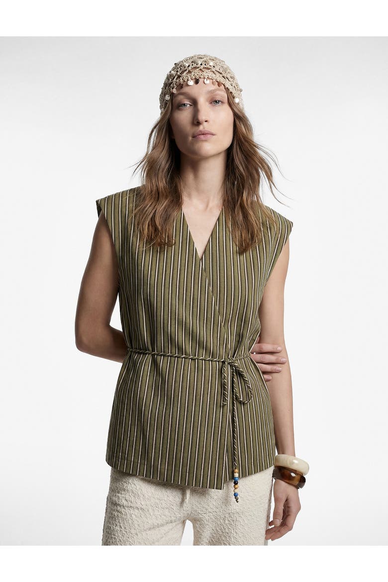 Sleeveless V-Neck Striped Wrap Top, Main, color, KHAKI STRIPE