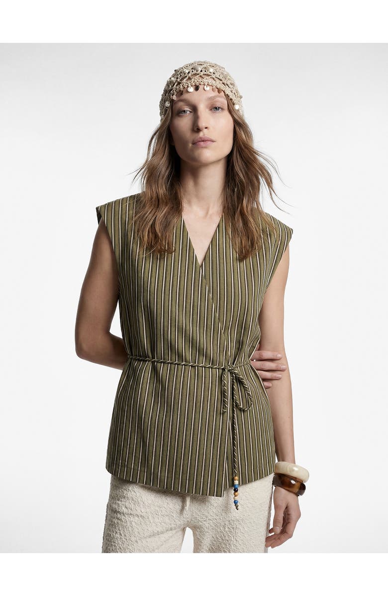 Koton Sleeveless V-Neck Striped Wrap Top, Main, color, Khaki Stripe