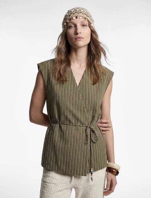 Sleeveless V-Neck Striped Wrap Top