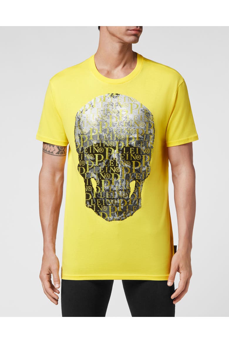T-Shirt Round Neck Ss Skull And Plein With Crystals Unisex, Main, color, yellow