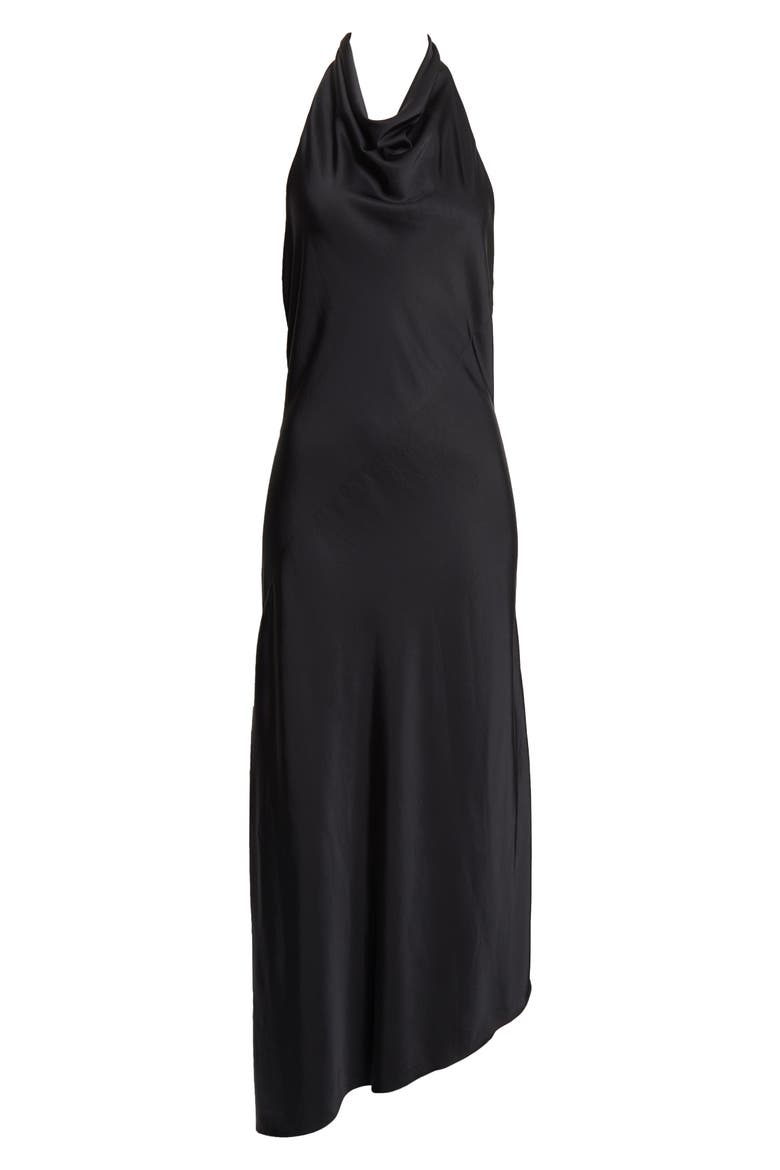 Clair Cowl Neck Asymmetric Satin Maxi Dress, Alternate, color, BLACK
