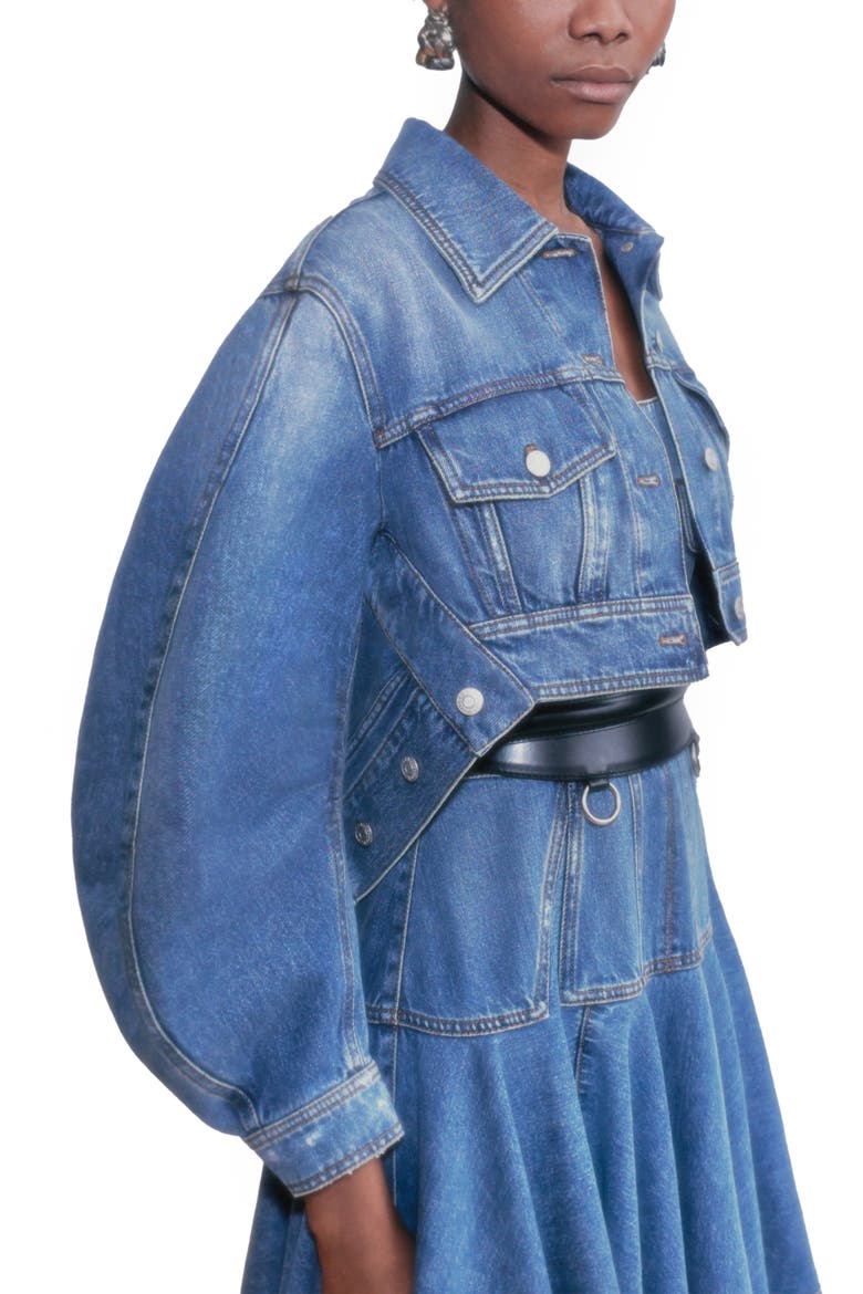 Alexander McQueen Full Sleeve Crop Denim Jacket, Alternate, color, INDIGO WASHED