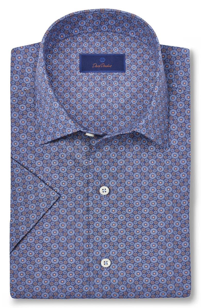 David Donahue Linen & Cotton Short Sleeve Sport Shirt, Alternate, color, Navy/ Sky