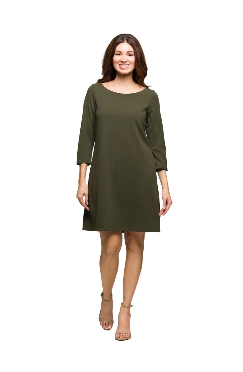24seven Comfort Apparel Three Quarter Sleeve A Line Knee Length Dress, Main, color, Olive