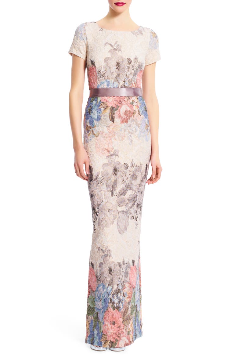 Matelassé Floral Jacquard Column Gown, Main, color, BLUSH MULTI