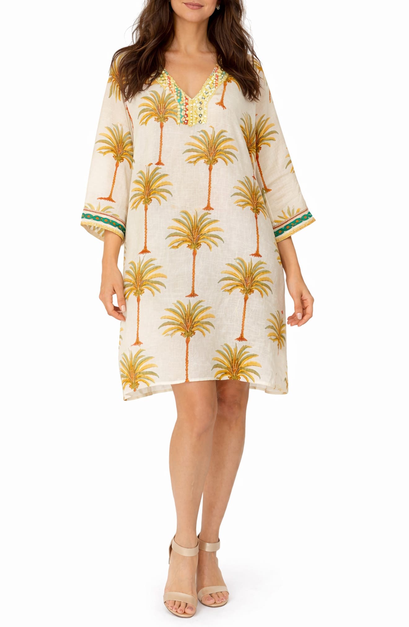RANEES Palm Tree Print Cotton Poncho
