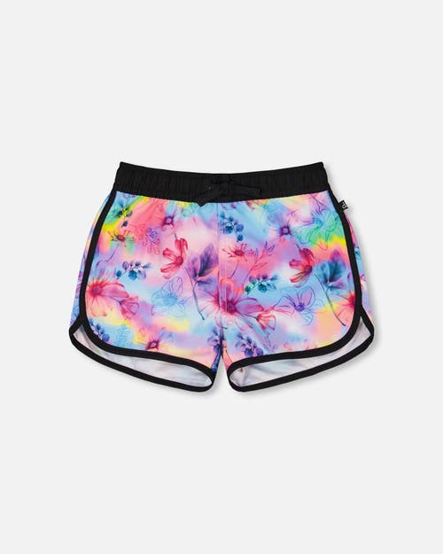 DEUX PAR DEUX DEUX PAR DEUX GIRL'S PRINTED SWIM SHORTS BUTTERFLIES ON MULTICOLORED AND BLACK BACKGROUND