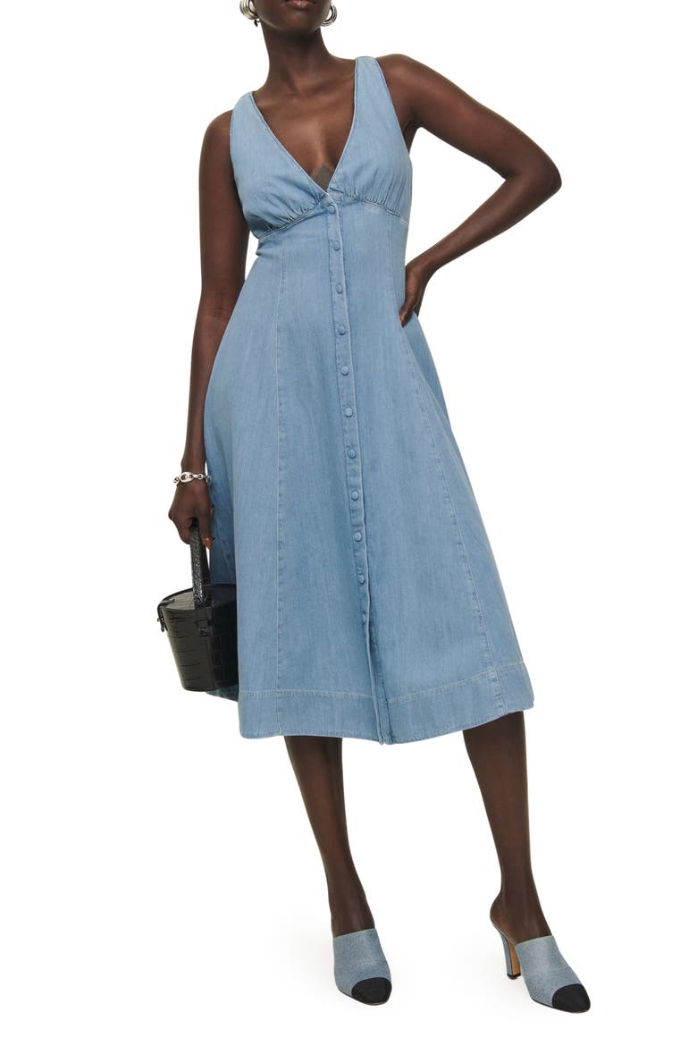 Sebastien Button Front Organic Cotton Denim Midi Dress, Main, color, SAVANNAH