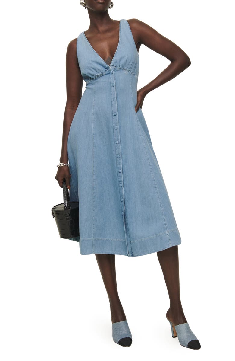 Reformation Sebastien Button Front Organic Cotton Denim Midi Dress, Main, color, 