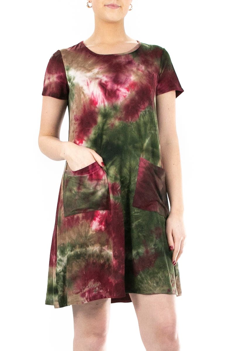 Nina Leonard Scoop Neck Tie-Dye Print Dress, Main, color, Olive Mult