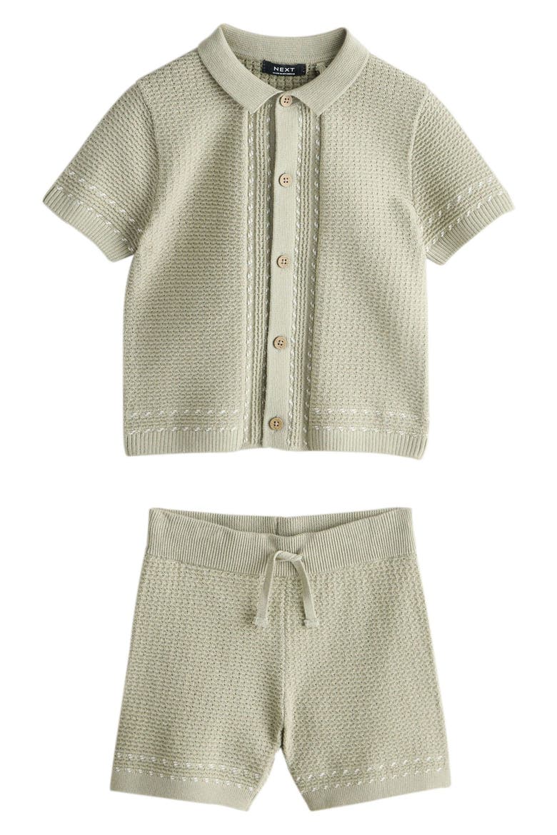 Kids' Cotton Knit Button-Up Shirt & Shorts Set, Main, color, GREEN