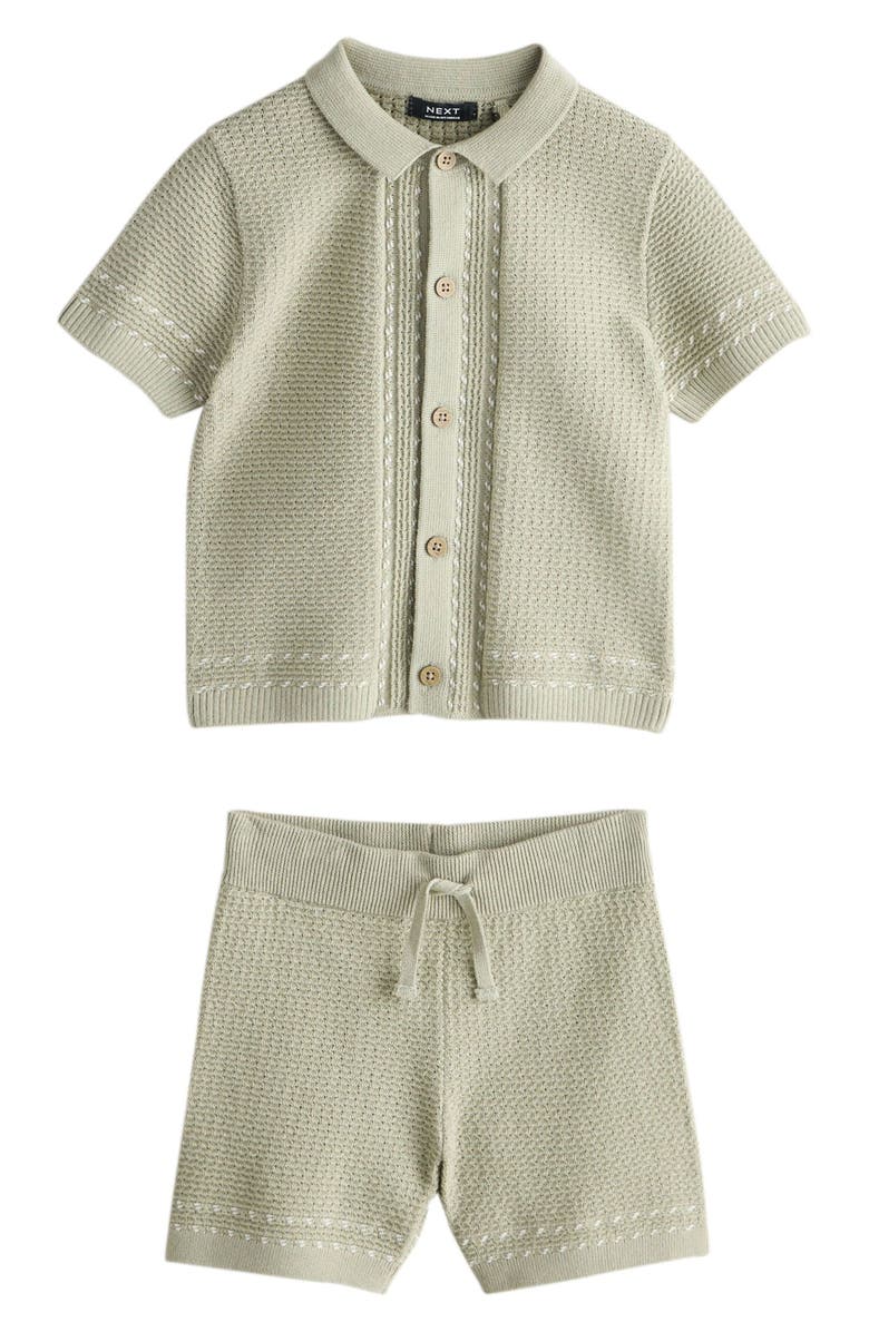 NEXT Kids' Cotton Knit Button-Up Shirt & Shorts Set, Main, color, Green