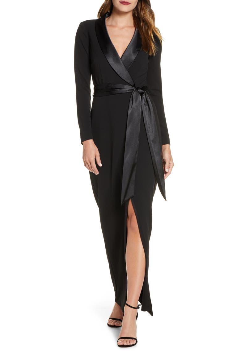 Tuxedo Faux Wrap Long Sleeve Gown, Main, color, BLACK