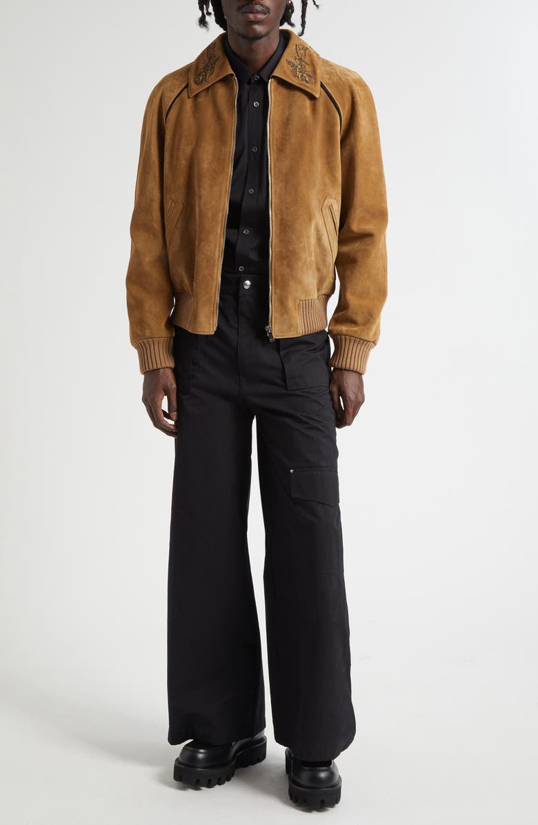 McQueen Crop Suede Bomber Jacket, Alternate, color, Mid Tan/ Black