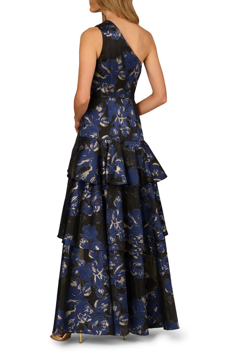 Aidan Mattox Metallic Floral Jacquard One-Shoulder Gown, Alternate, color, Navy Multi