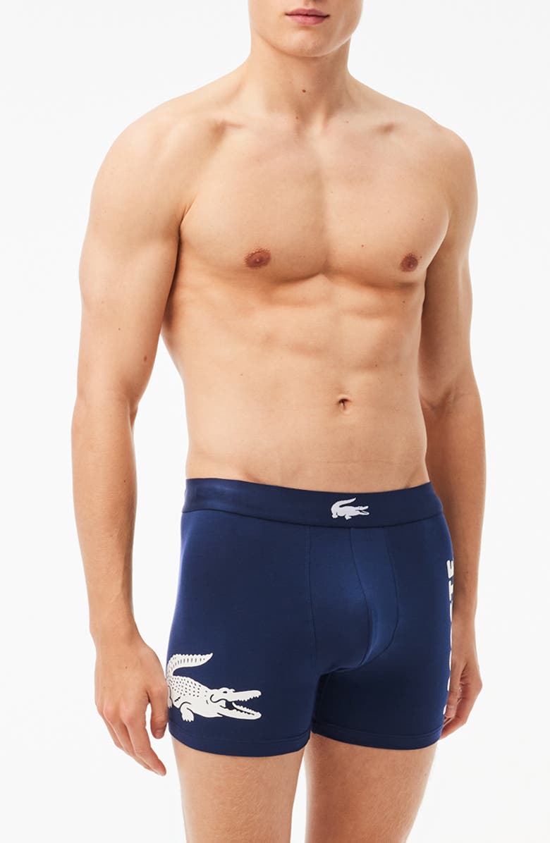 Lacoste Assorted 3-Pack Stretch Cotton Boxer Briefs, Main, color, Navy Blue/ White/ Silver Chine