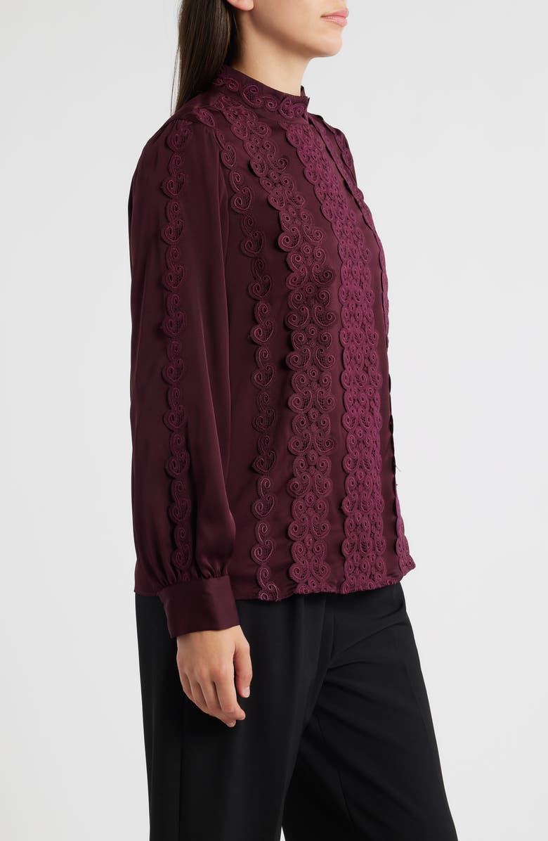 Elie Tahari The Indie Lace Stretch Silk Top, Alternate, color, Bordeaux