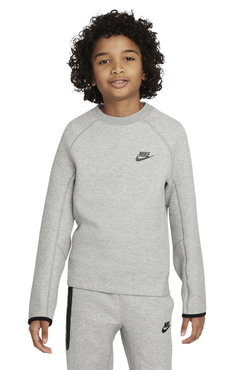 Nike Kids' Tech Fleece Crewneck Sweatshirt, Main, color, Dark Grey Heather/ Black