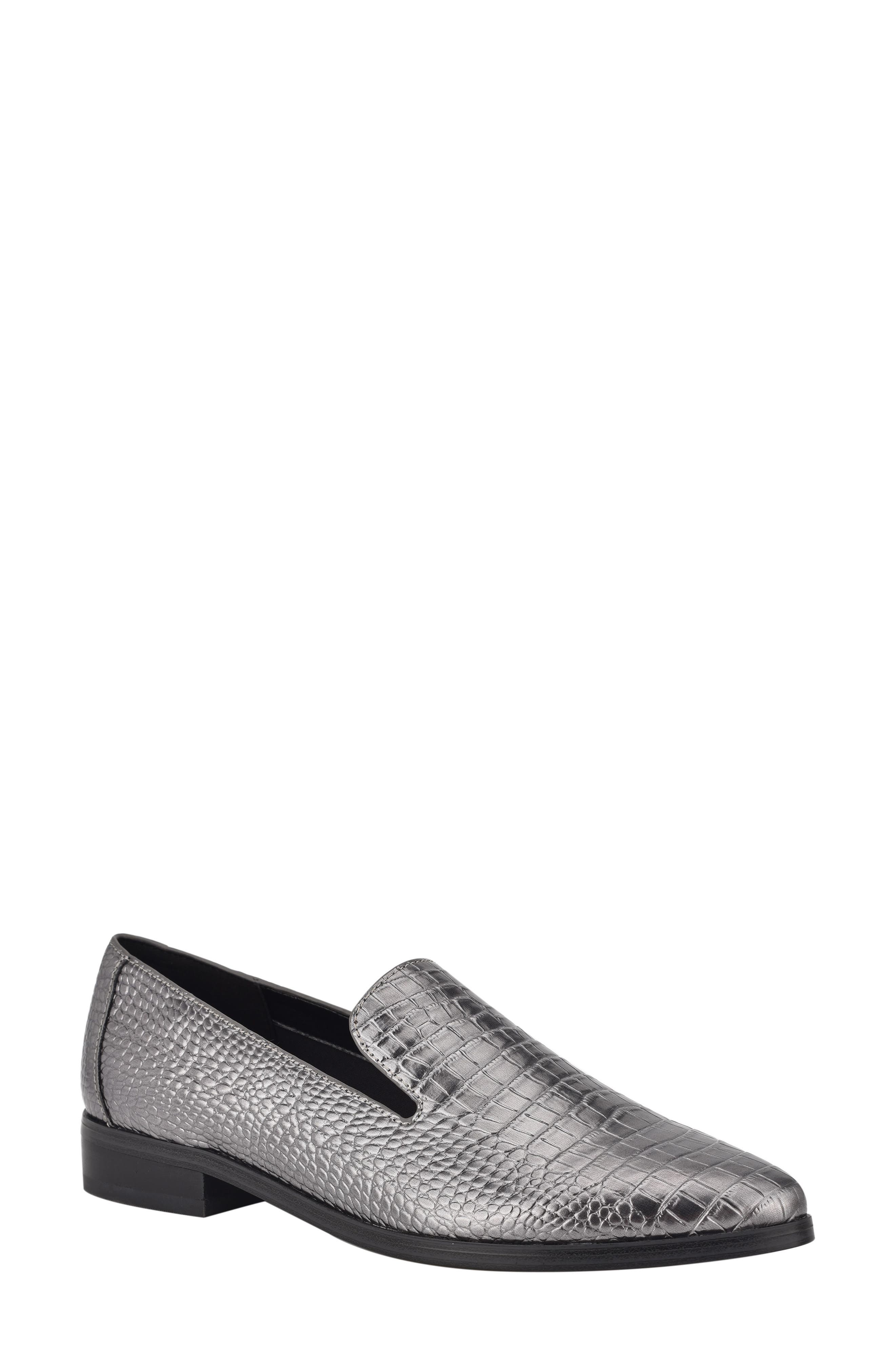 Zolee Croc Embossed Faux Leather Loafer, Main, color, PEWTER METALLIC CROCO