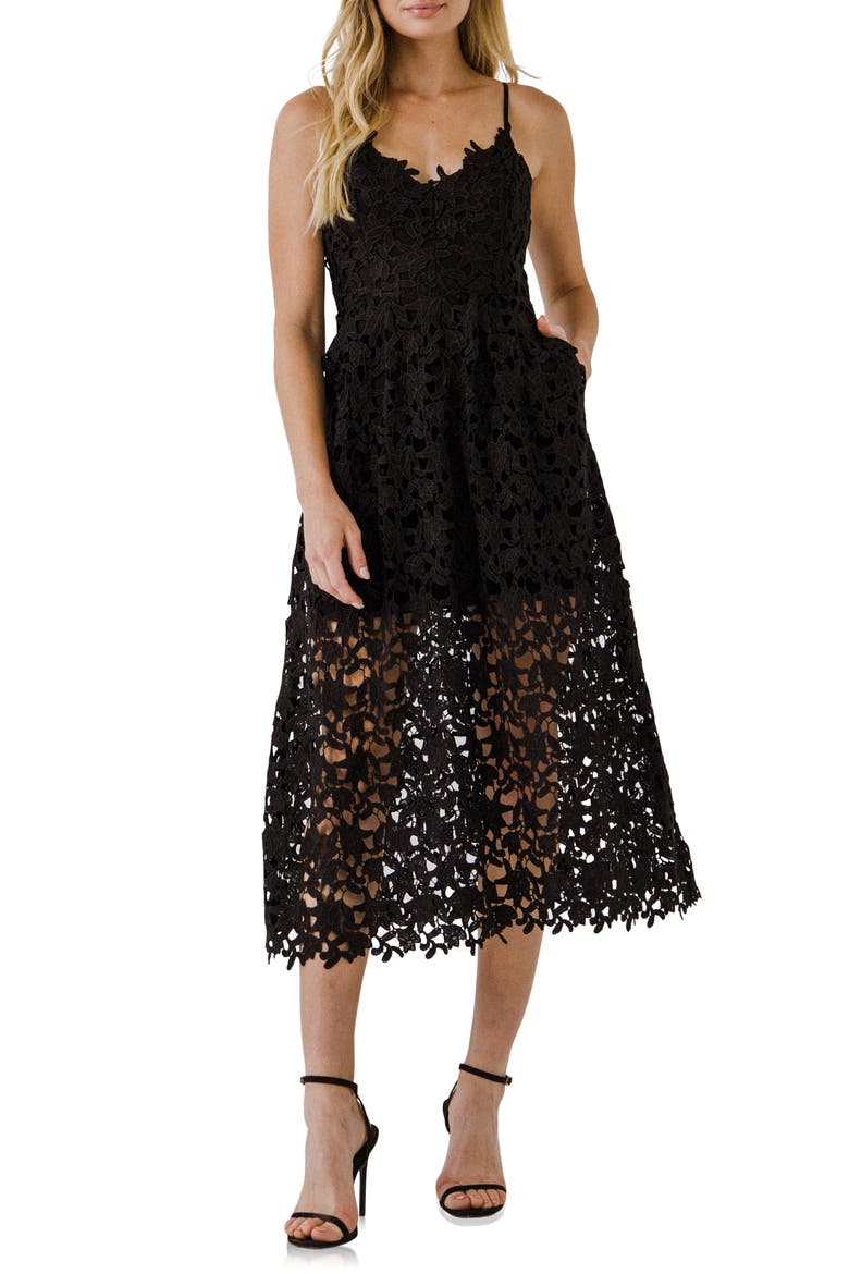 Lace Spaghetti Strap Midi Dress, Alternate, color, BLACK