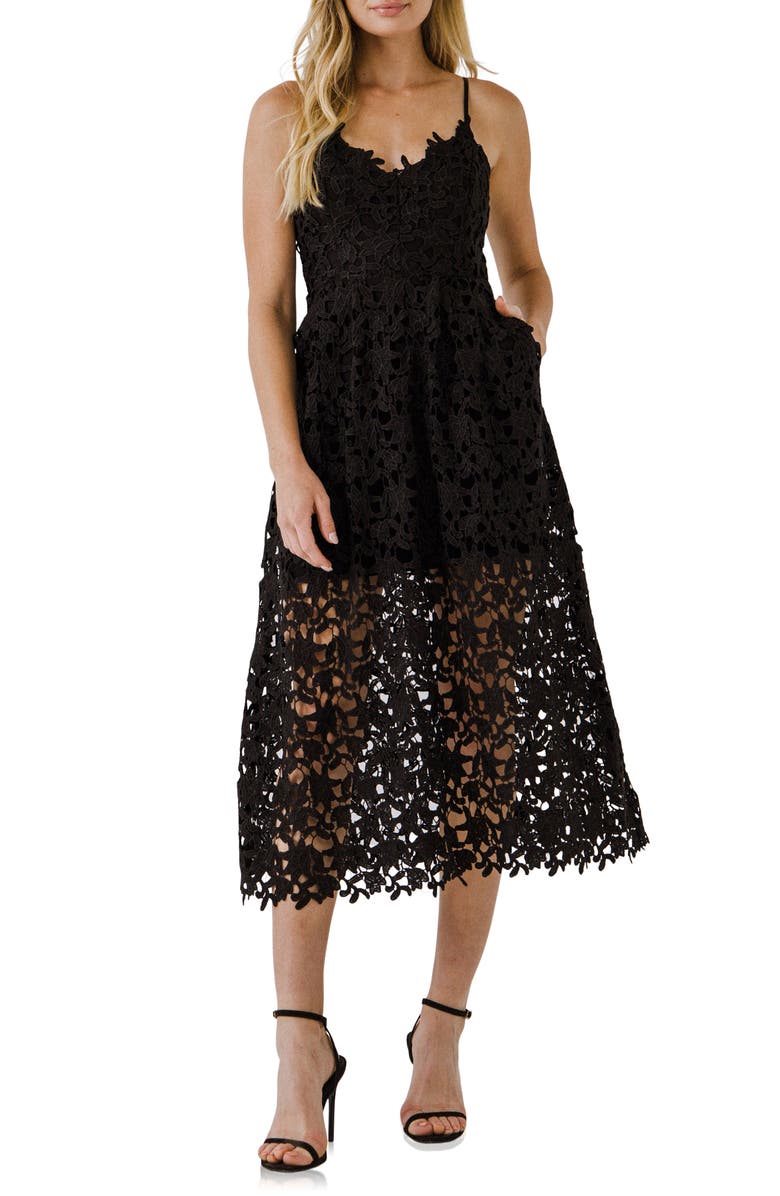 Endless Rose Lace Spaghetti Strap Midi Dress, Alternate, color, Black