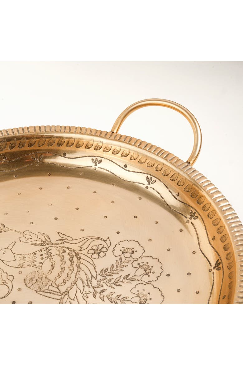 Nanpur Peacock Patterned Handle Round Metal Decorative Tray 17X14X3 In, Alternate, color, Gold