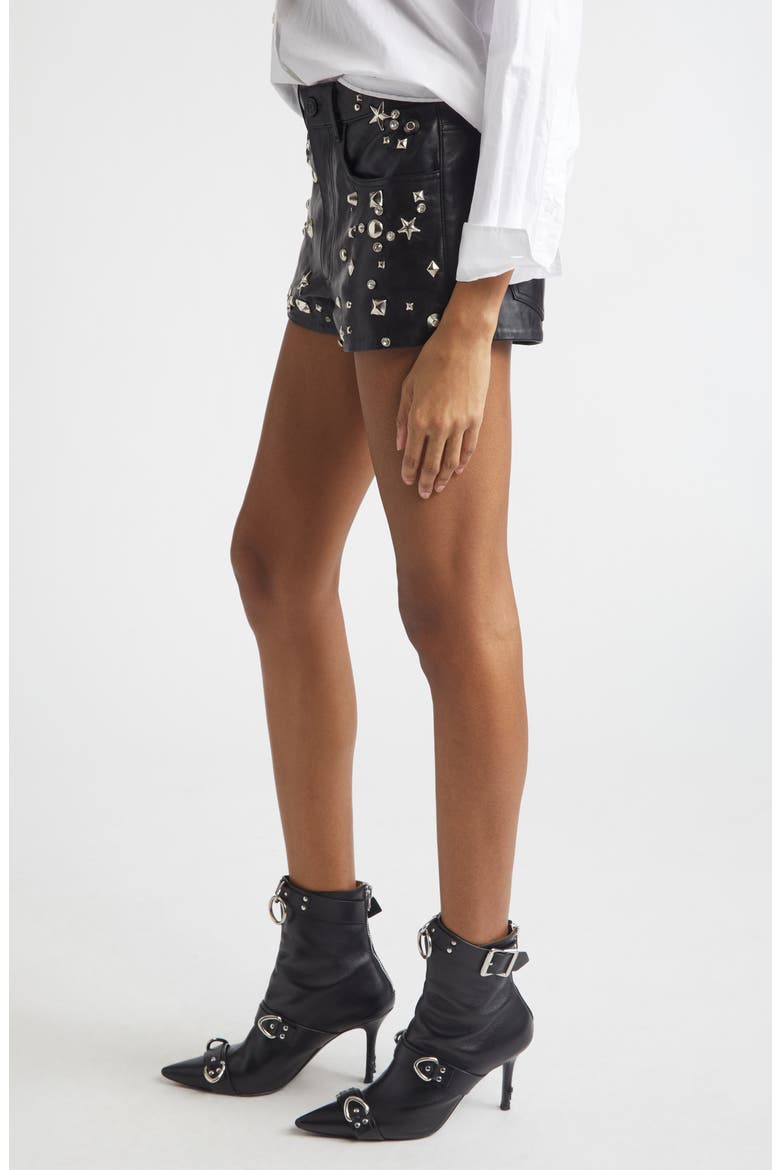 Studded Five-Pocket Leather Shorts, Alternate, color, BLACK WITH STUDS
