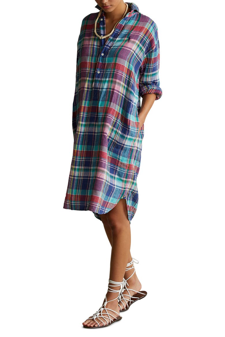 Plaid Long Sleeve Dress, Main, color, BLUE/ PINK